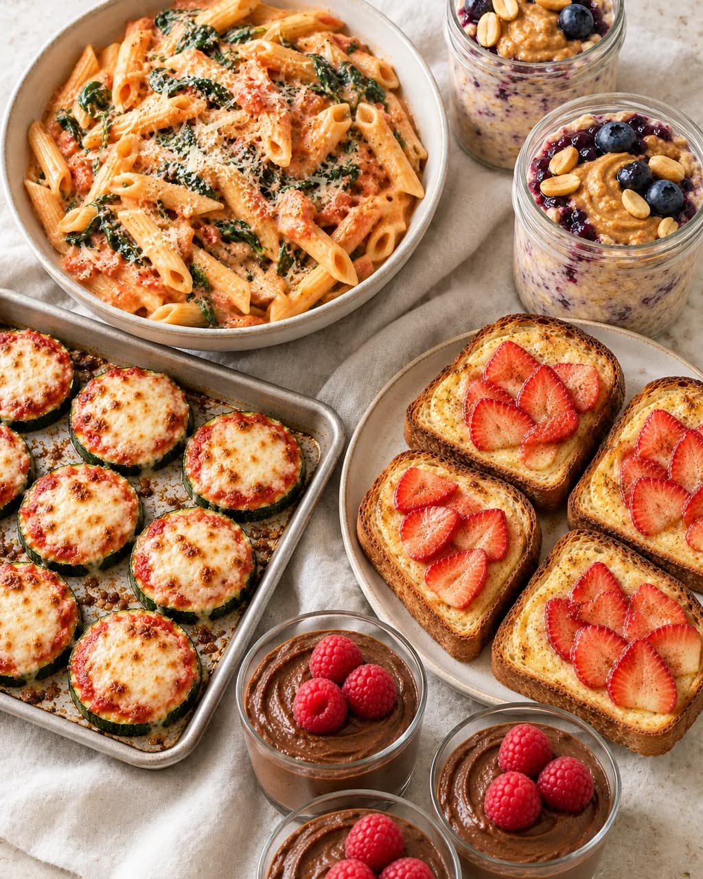 Several dishes from the cookbook on a kitchen counter
