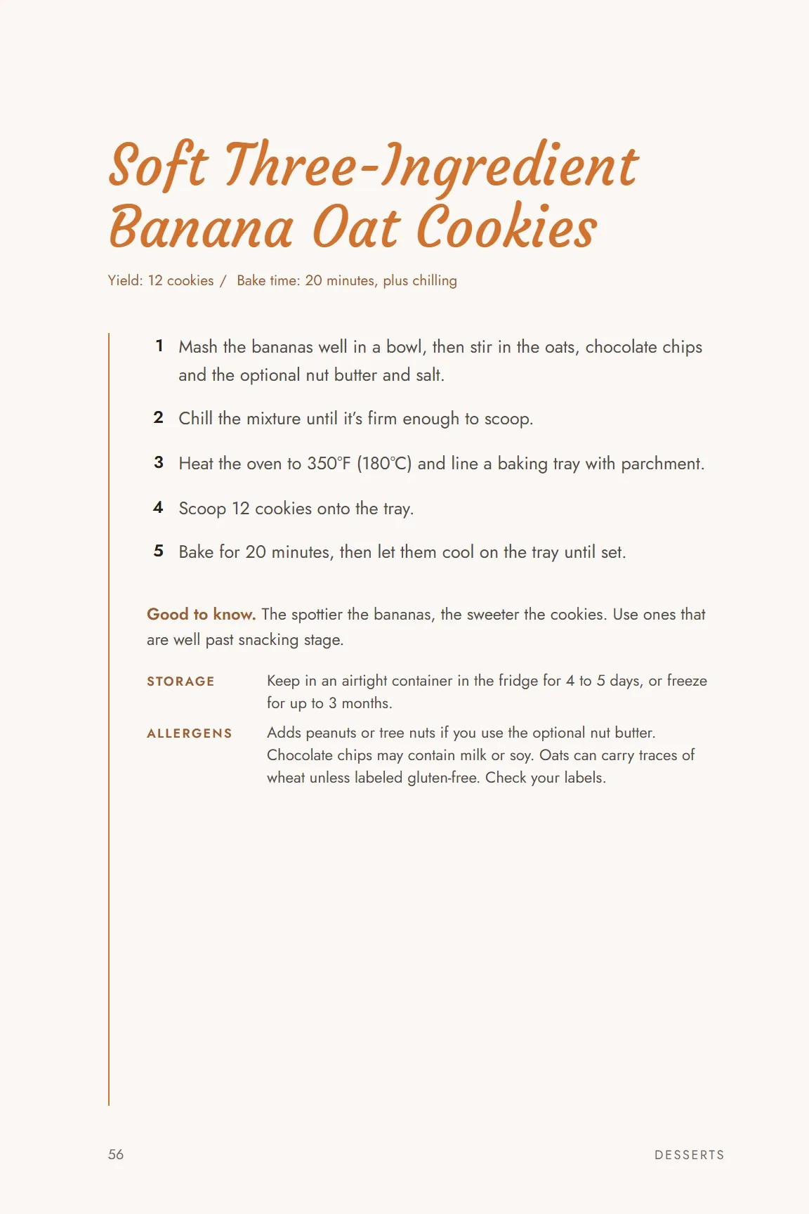 Method page for Soft Three-Ingredient Banana Oat Cookies, with numbered steps, storage and allergens