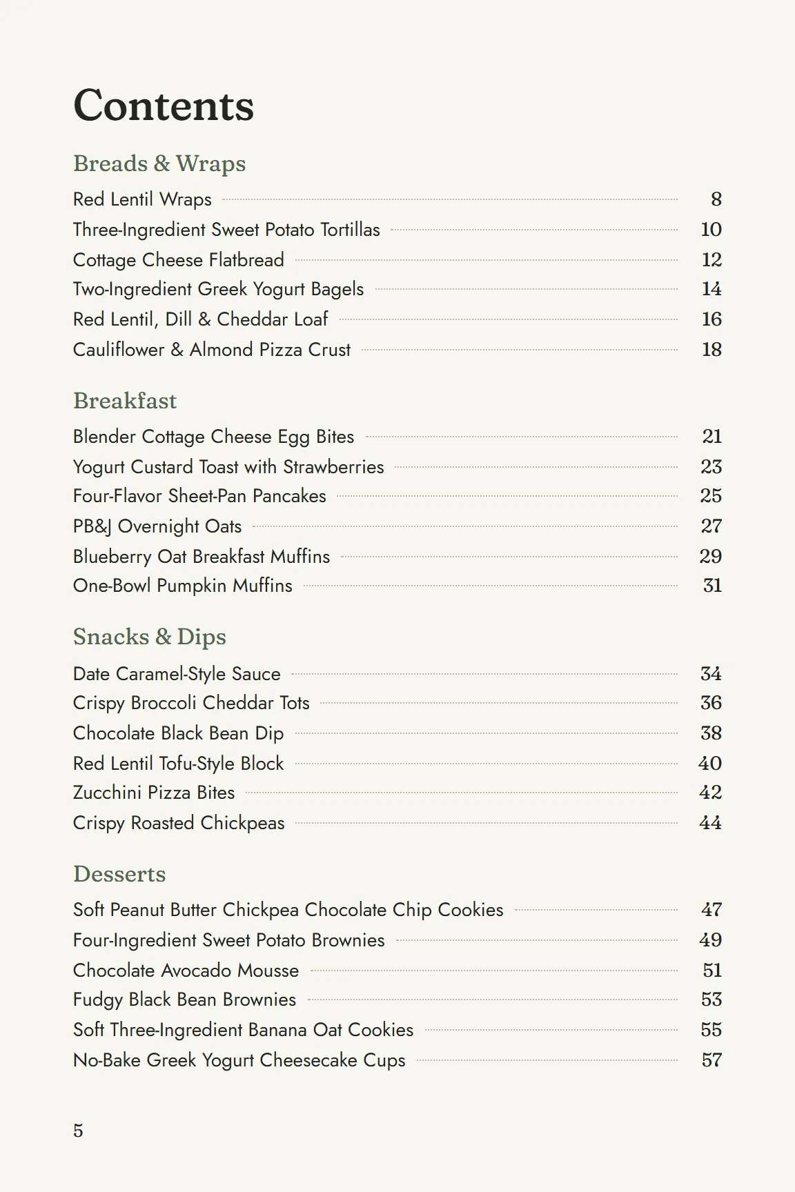 Contents page listing the recipes by section