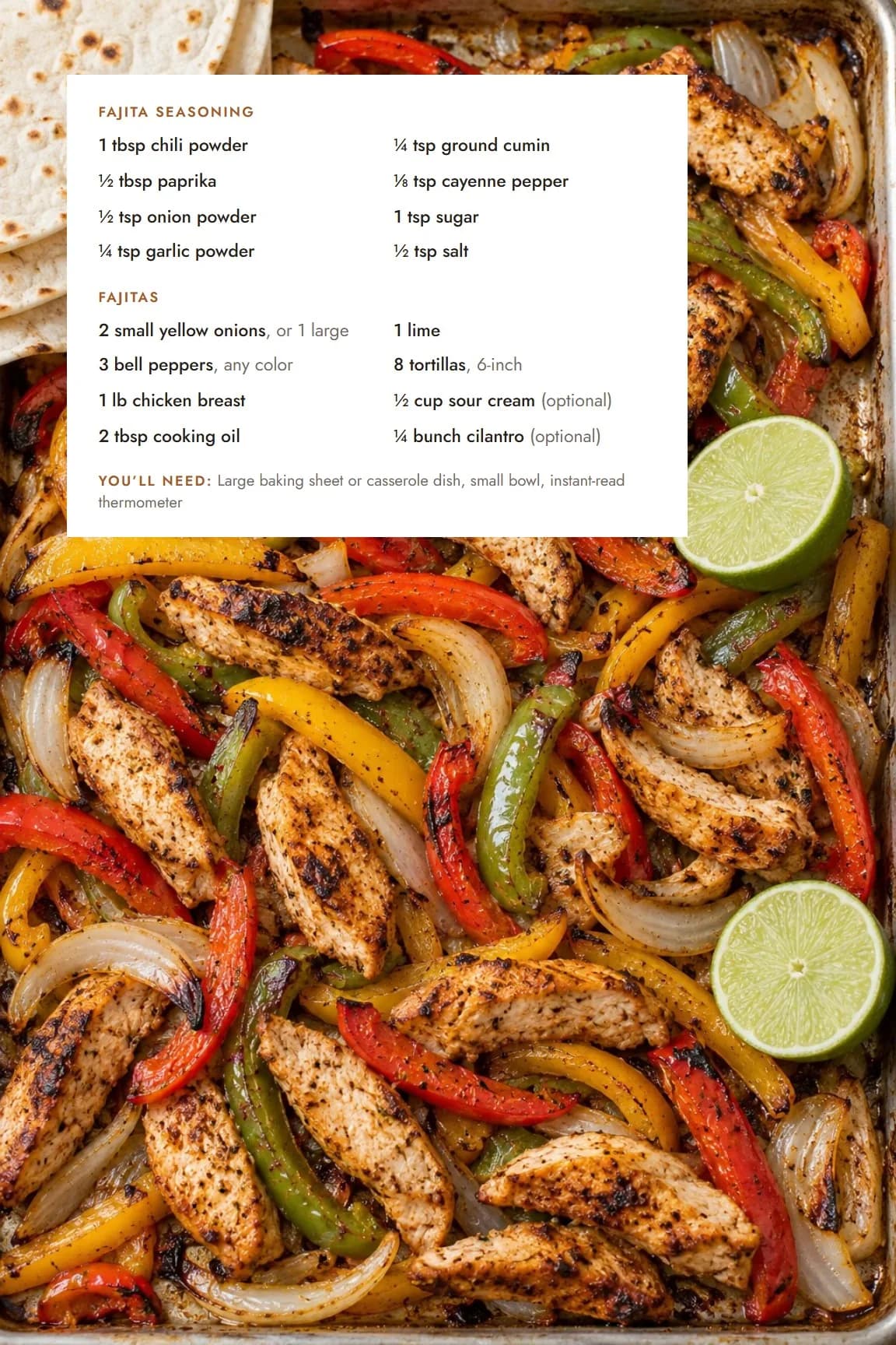 Sheet-Pan Chicken Fajitas photo page with the ingredients card