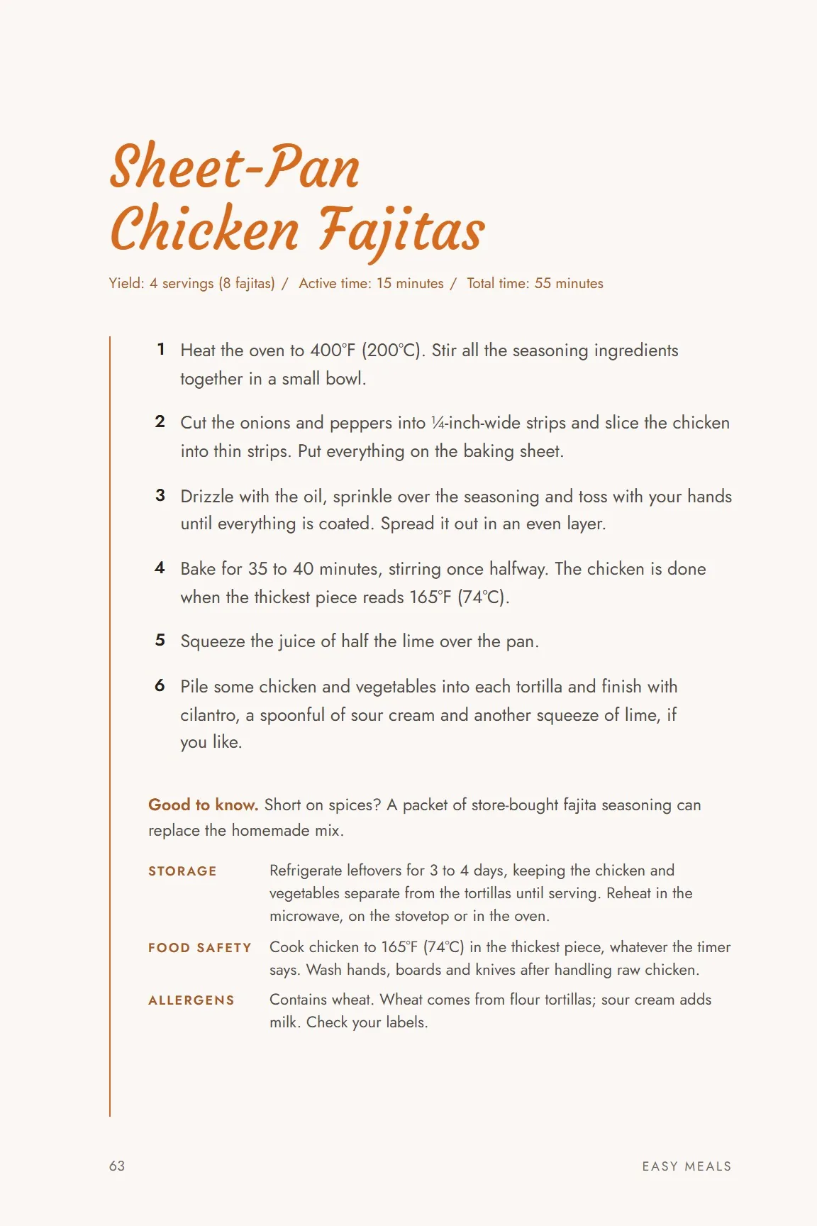 Sheet-Pan Chicken Fajitas method page with numbered steps
