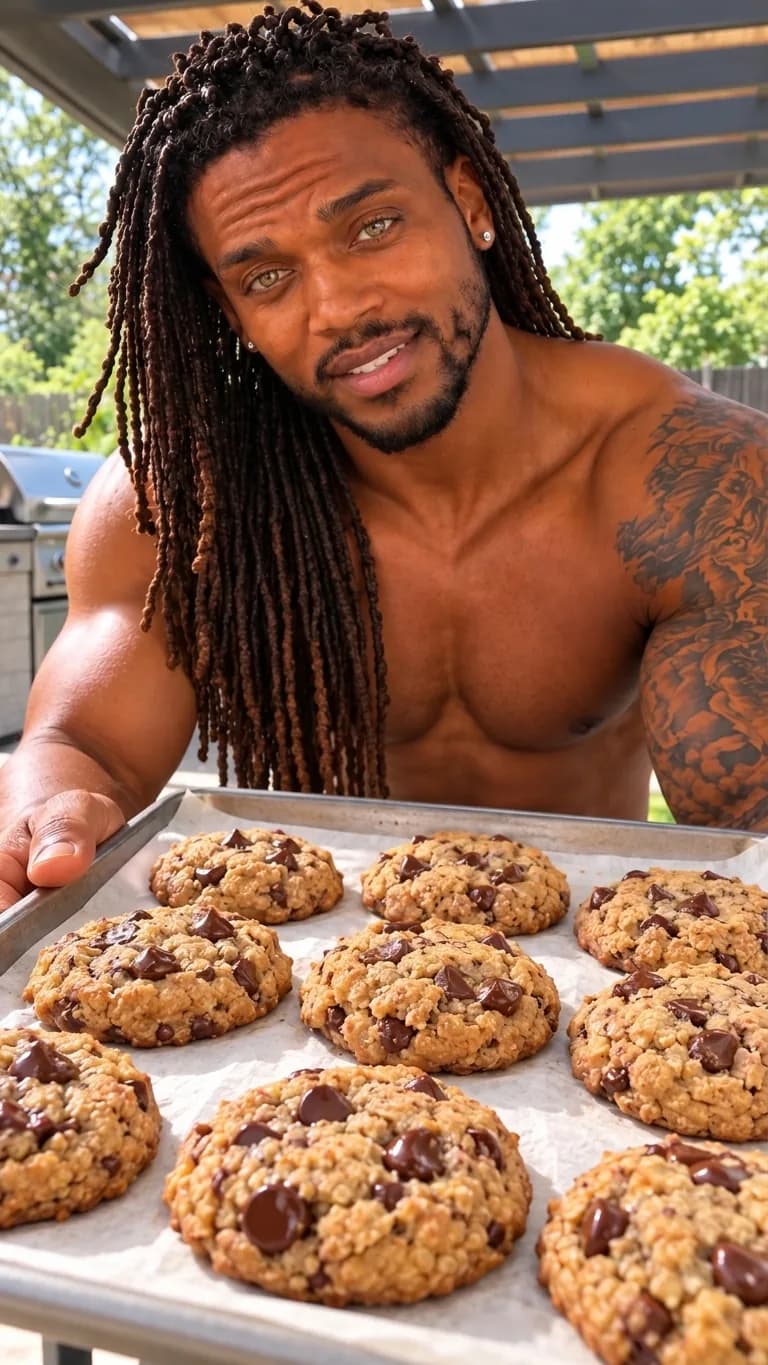 A frame from a Marcus cooking Reel: a tray of oat chocolate chip cookies